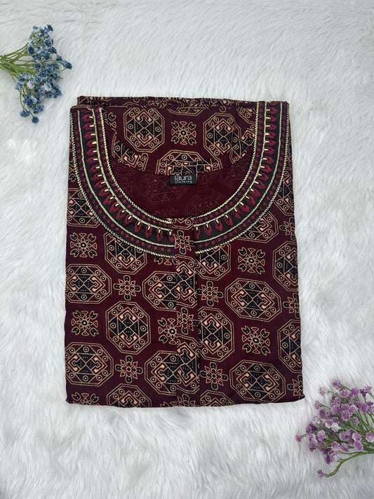 Dark Sienna Printed 12" Long Zip Matching Embroidery Neck Pure Cotton Feeding Nighty Plus Size Short Sleeve (Suits for bra size 40″- 46″ | 54"-56" inch length)