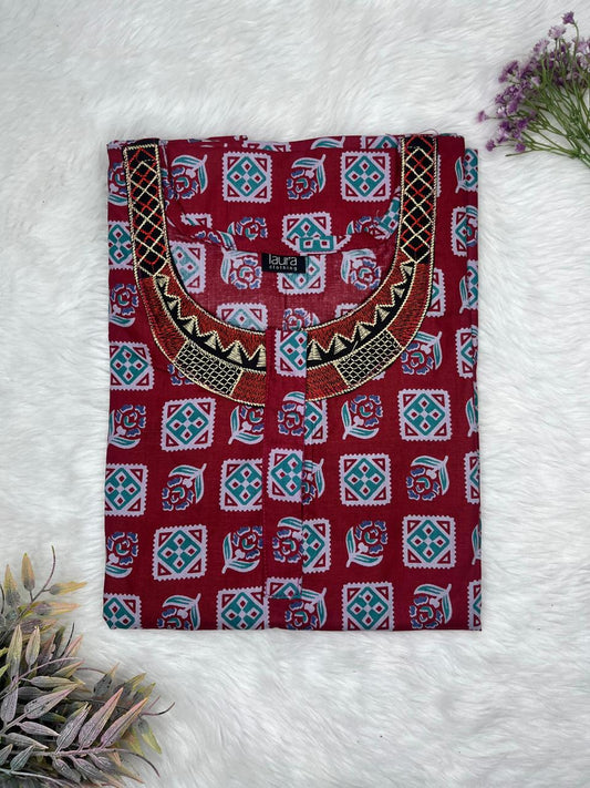 Rosewood Printed Normal Zip Pure Cotton Matching Neck Embroidery Nighty Free Size Short Sleeve (Suits for bra size 34″- 40″ | 54-56 inch length)