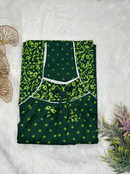 Dark Green Printed Front and Android Green Pleated Pure Cotton Nighty Free Size Short Sleeve (Suits for bra size 34″- 40″ | 54-56 inch length)