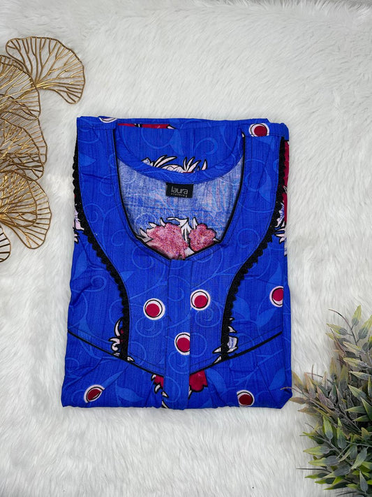 Persian Blue Printed Round Neck Centre Long 12" Zip Pure Cotton Feeding Nighty Free Size Short Sleeve (Suits for bra size 34″- 40″ | 54-56 inch length)
