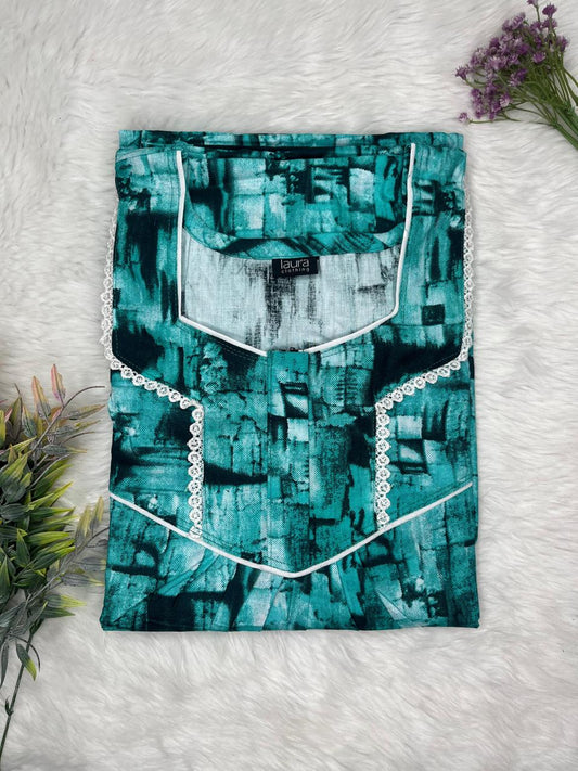 Cadet Blue Printed Square Neck Normal Zip Pure Cotton Nighty Free Size Short Sleeve (Suits for bra size 34″- 40″ | 54-56 inch length)