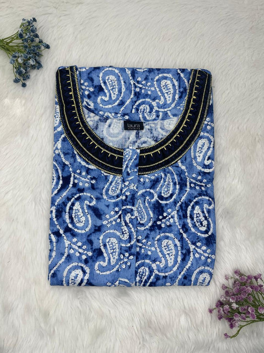 UCLA Blue Printed 12" Long Zip Matching Embroidery Neck Pure Cotton Feeding Nighty Plus Size Short Sleeve (Suits for bra size 40″- 46″ | 54"-56" inch length)