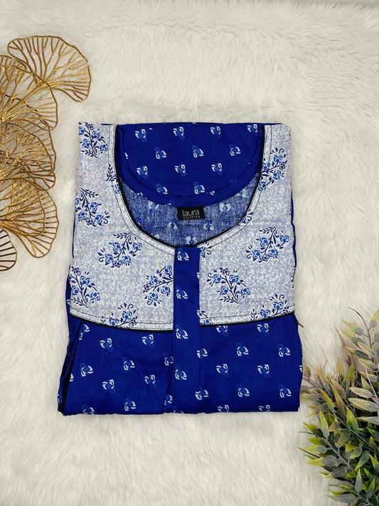 Midnight Blue and Dark Gray Printed Round Neck Pleated Pure Cotton Feeding Nighty With Two Side Vertical Zip and Single Centre Zip Free Size Short Sleeve (Suits for bra size 34″- 40″ | 54-56 inch length)