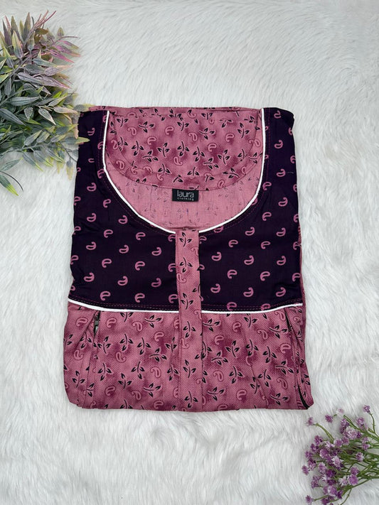Raspberry Glance and Dark Indigo Printed Round Neck Pleated Pure Cotton Feeding Nighty With Two Side Vertical Zip and Single Centre Zip Free Size Short Sleeve (Suits for bra size 34″- 40″ | 54-56 inch length)