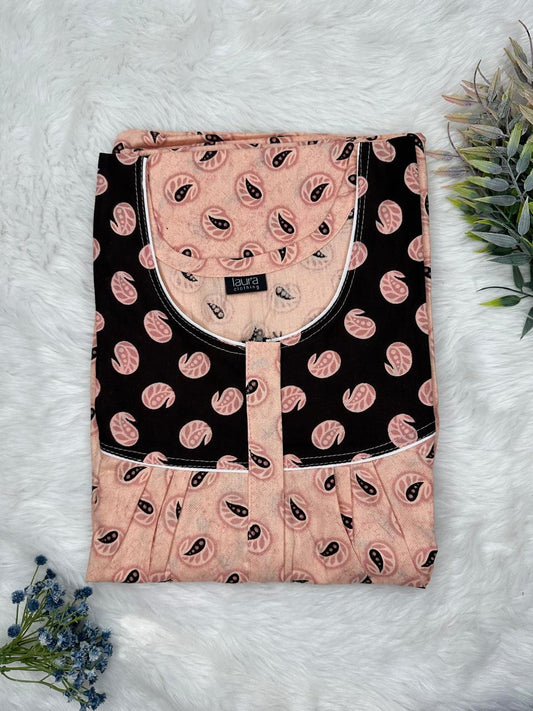 Pale Taupe Printed Mix N Match Round Neck Pleated Cotton Nighty With Centre -8″ Zip Short Sleeve Free Size (Suits for bra size 34″- 40″ | 54-56 inch length )