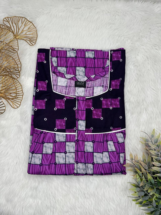Dark Lavender Printed Mix N Match Square Neck Pleated Cotton Nighty With Centre -8″ Zip Short Sleeve Free Size (Suits for bra size 34″- 40″ | 54-56 inch length)
