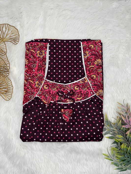 Seal Brown Printed Front and Cordovan Pleated Pure Cotton Nighty Free Size Short Sleeve (Suits for bra size 34″- 40″ | 54-56 inch length)
