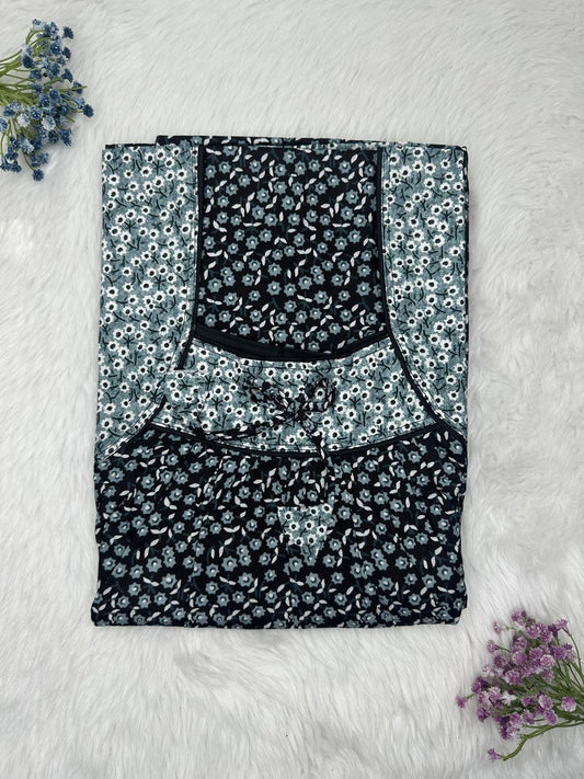 AuroMetalSaurus Printed Front and Back Pleated Pure Cotton Nighty Free Size Short Sleeve (Suits for bra size 34″- 40″ | 54-56 inch length)