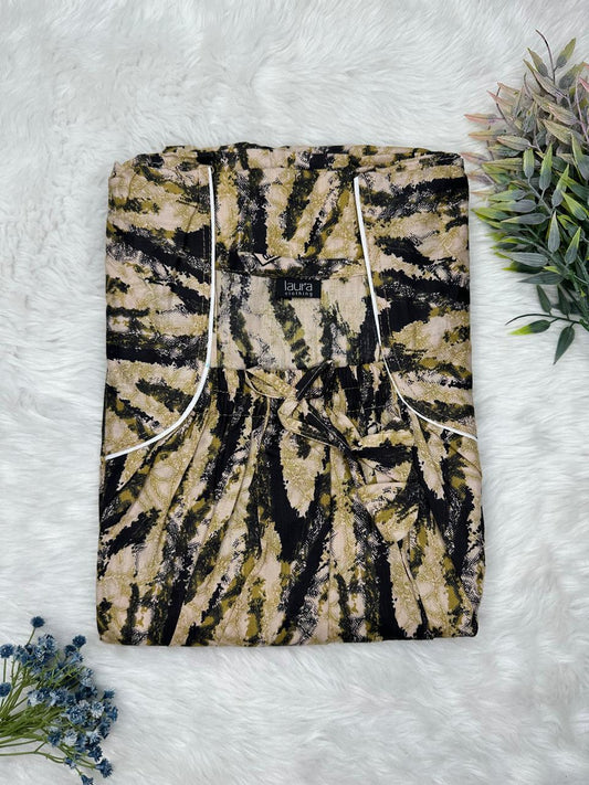 Ecru Pure Cotton Square Neck Elastic Pleated Nighty Free Size Short Sleeve (Suits for bra size 34″- 40″ | 54-56 inch length)