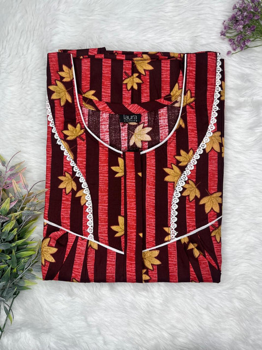 Dark Terra Cotta Printed Round Neck Centre Long 12" Zip Pure Cotton Feeding Nighty Free Size Short Sleeve (Suits for bra size 34″- 40″ | 54-56 inch length)