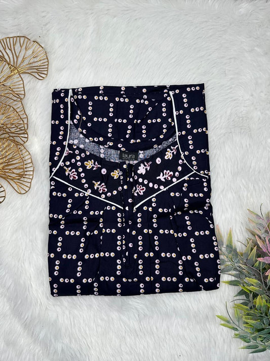 Dim Gray and Onyx Printed Square Neck Pleated Zip Pure Cotton Nighty Free Size Short Sleeve (Suits for bra size 34″- 40″ | 54-56 inch length)