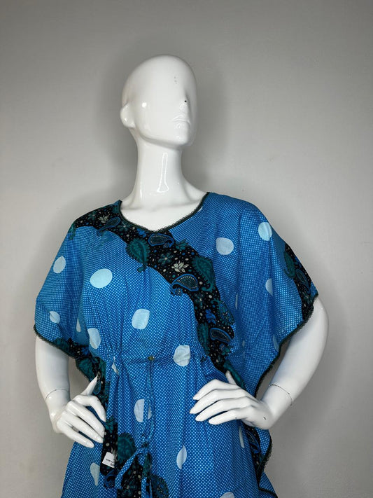 Green Blue and Pale Blue printed Pure Cotton V-Neck Kaftan With Matching Border Lace And Adjustable Tie Free Size (Suits for bra size 34″- 40″) | 54-56 Inch Length