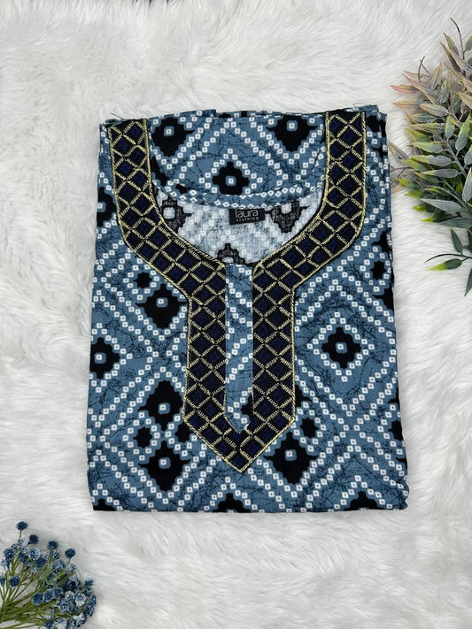 Payne Grey Printed Normal Zip Pure Cotton Matching Neck Embroidery Nighty Free Size Short Sleeve (Suits for bra size 34″- 40″ | 54-56 inch length)