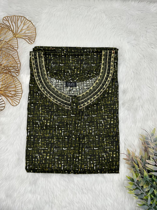 Rifle Green Printed 12" Long Zip Pure Cotton Matching Neck Embroidery Feeding Nighty Free Size Short Sleeve (Suits for bra size 34″- 40″ | 54-56 inch length)