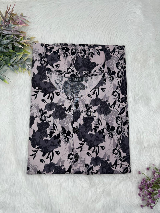 Dark Grey Printed Round Neck Pure Cotton Full Open Button Labour Room Nighty Free Size Short Sleeve (Suits for bra size 34″- 40″ | 54-56 inch length)