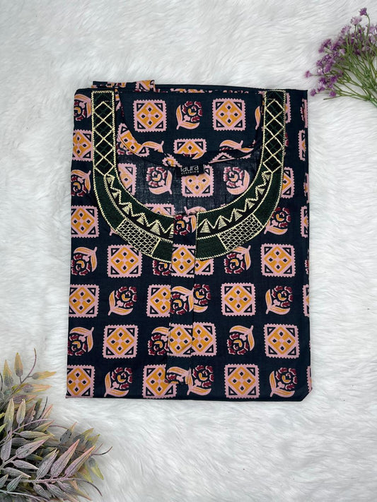 Onyx and Bronze Printed Normal Zip Pure Cotton Matching Neck Embroidery Nighty Free Size Short Sleeve (Suits for bra size 34″- 40″ | 54-56 inch length)