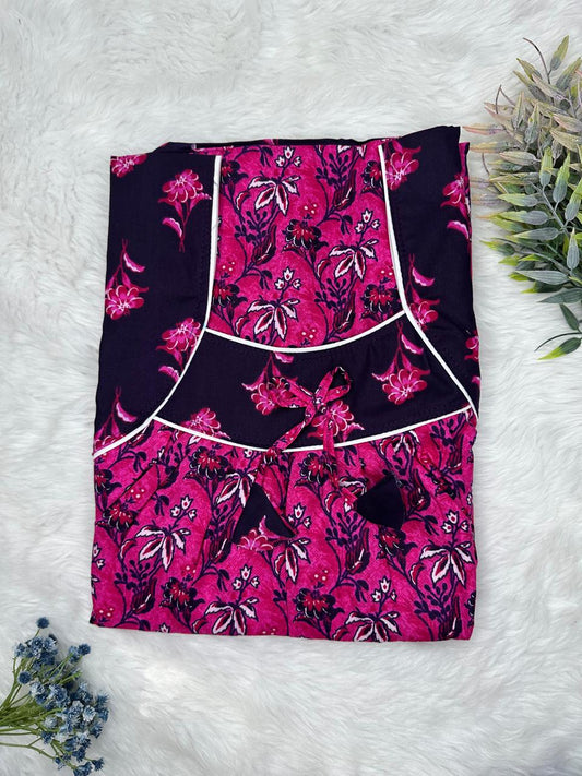 Dogwood Rose Printed Front and Pleated Pure Cotton Nighty Free Size Short Sleeve (Suits for bra size 34″- 40″ | 54-56 inch length)