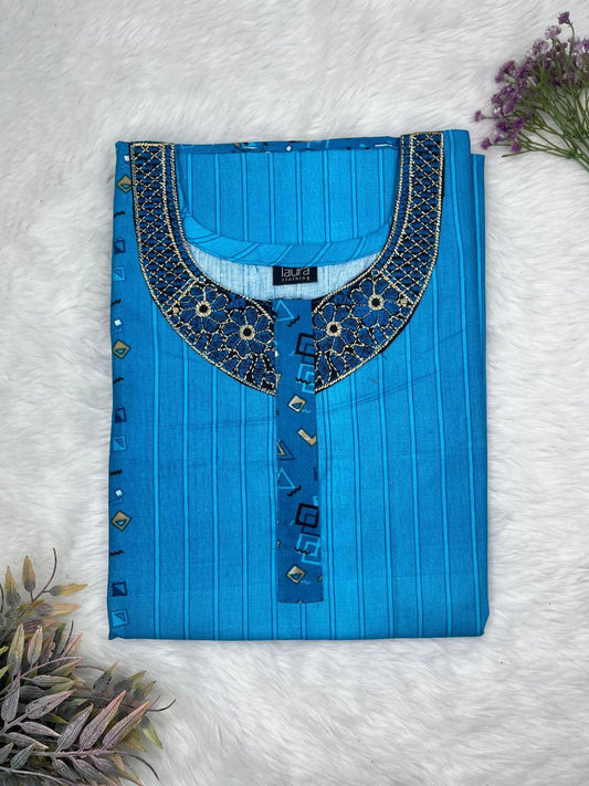 Rich Electric Blue Printed Normal Zip Embroidery Neck Pure Cotton Maternity Nighty Plus Size Short Sleeve (Suits for bra size 40″- 46″ | 54-56 inch length)