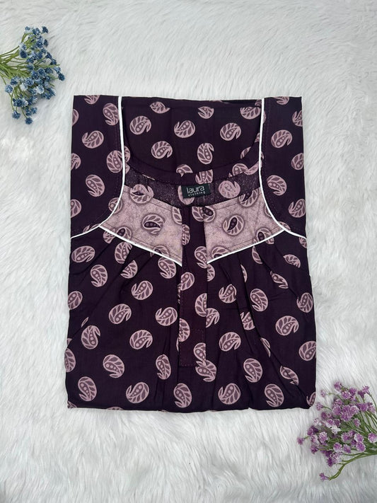 Rose Quartz Printed Square Neck Pleated Zip Pure Cotton Nighty Free Size Short Sleeve (Suits for bra size 34″- 40″ | 54-56 inch length)