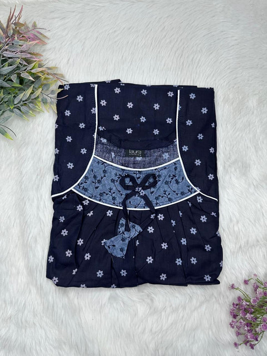 Oxford Blue Printed Square Neck No Zip Pleated Pure Cotton Nighty Free Size Short Sleeve (Suits for bra size 34″- 40″ | 54-56 inch length)
