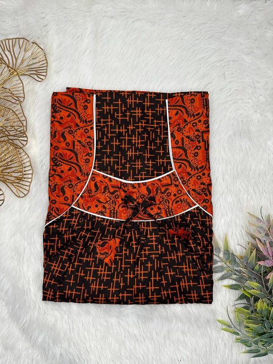Onyx Printed Front and Vivid Auburn Pleated Pure Cotton Nighty Free Size Short Sleeve (Suits for bra size 34″- 40″ | 54-56 inch length)