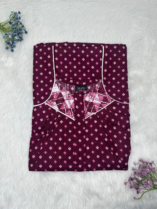 Pansy Purple Printed Square Neck Pleated Zip Pure Cotton Nighty Free Size Short Sleeve (Suits for bra size 34″- 40″ | 54-56 inch length)