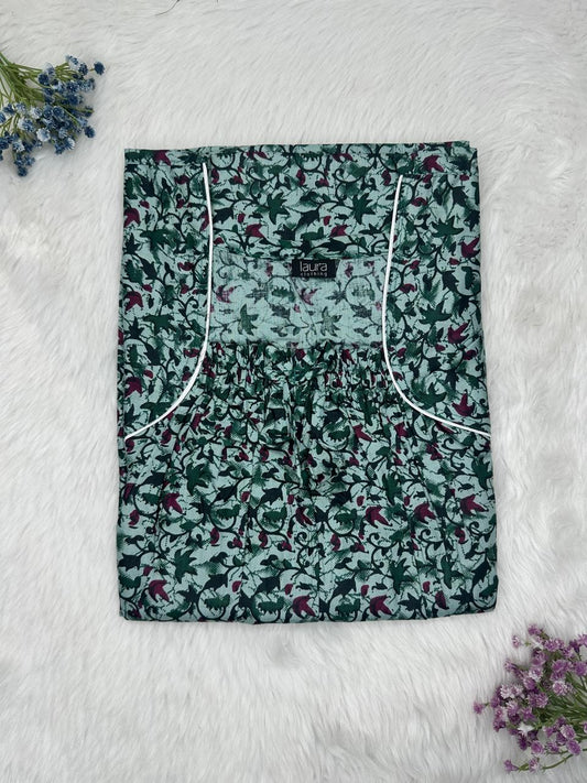 Ash Grey Printed Cotton Square Neck Elastic Pleated Nighty Free Size Short Sleeve (Suits for bra size 34″- 40″ | 54-56 inch length)