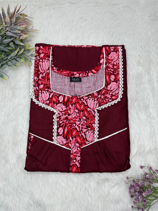 Dark Scarlet Printed Square Neck Centre Long 12" Zip Pure Cotton Feeding Nighty Free Size Short Sleeve (Suits for bra size 34″- 40″ | 54-56 inch length)