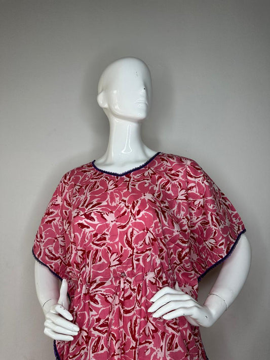 Bright Maroon and Dark Gray printed Pure Cotton V-Neck Kaftan With Matching Border Lace And Adjustable Tie Free Size (Suits for bra size 34″- 40″) | 54-56 Inch Length