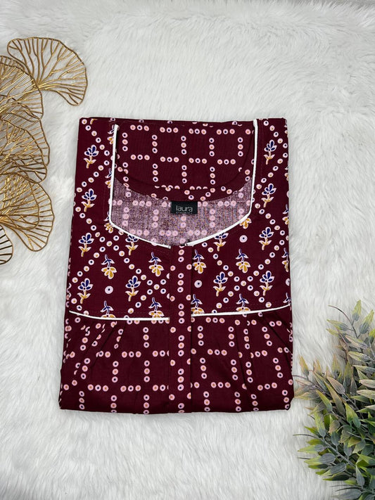 Bulgarian Rose Printed Mix N Match Square Neck Pleated Cotton Nighty With Centre -8″ Zip Short Sleeve Free Size (Suits for bra size 34″- 40″ | 54-56 inch length