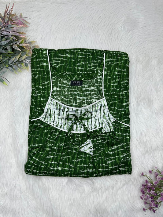 Phthalo Green Printed Square Neck No Zip Pleated Pure Cotton Nighty Free Size Short Sleeve (Suits for bra size 34″- 40″ | 54-56 inch length)