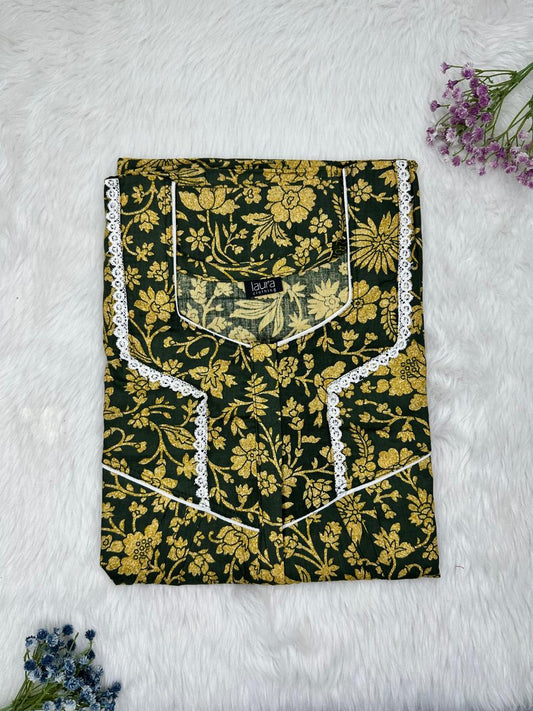 Phthalo Green Printed Square Neck Centre Long 12" Zip Pure Cotton Feeding Nighty Free Size Short Sleeve (Suits for bra size 34″- 40″ | 54-56 inch length)