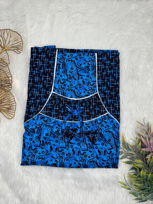 Bleu De France Printed Front and Onyx Pleated Pure Cotton Nighty Free Size Short Sleeve (Suits for bra size 34″- 40″ | 54-56 inch length)