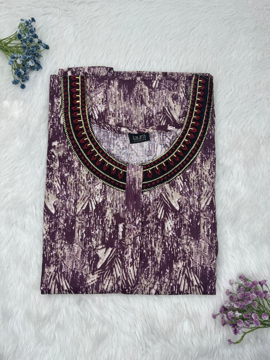 Purple Taupe Printed 12" Long Zip Matching Embroidery Neck Pure Cotton Feeding Nighty Plus Size Short Sleeve (Suits for bra size 40″- 46″ | 54"-56" inch length)