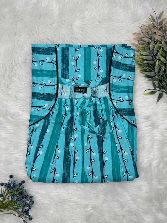 Cadet Blue Printed Pure Cotton Square Neck Elastic Pleated Nighty Free Size Short Sleeve (Suits for bra size 34″- 40″ | 54-56 inch length)