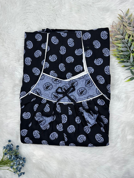 Onyx Printed Front and Claret Pleated Pure Cotton Nighty Free Size Short Sleeve (Suits for bra size 34″- 40″ | 54-56 inch length)