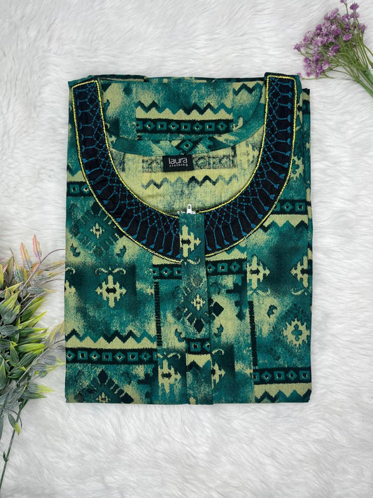 Rich Black Printed 12" Long Zip Pure Cotton Matching Neck Embroidery Feeding Nighty Free Size Short Sleeve (Suits for bra size 34″- 40″ | 54-56 inch length)