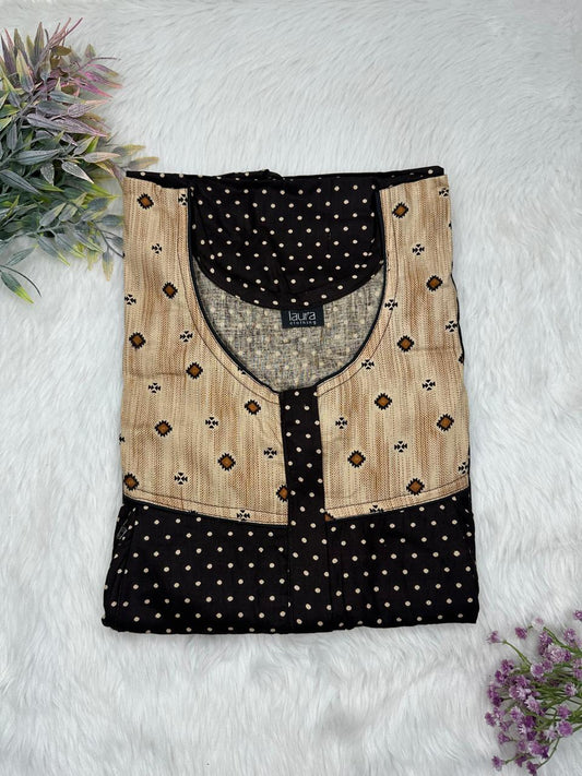 Khaki and Onyx Printed Round Neck Pleated Pure Cotton Feeding Nighty With Two Side Vertical Zip and Single Centre Zip Free Size Short Sleeve (Suits for bra size 34″- 40″ | 54-56 inch length)