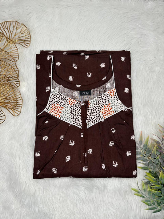 Seal Brown Printed Square Neck Pleated Zip Pure Cotton Nighty Free Size Short Sleeve (Suits for bra size 34″- 40″ | 54-56 inch length)