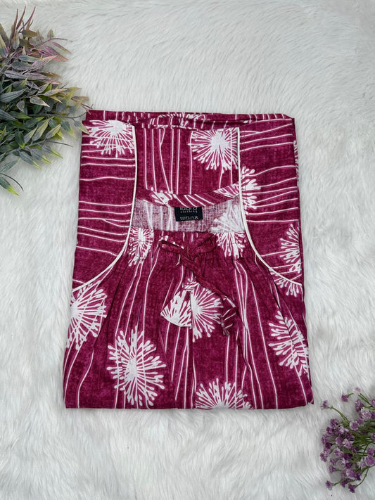 Pansy Purple Printed Cotton Square Neck Elastic Pleated Nighty Free Size Short Sleeve (Suits for bra size 34″- 40″ | 54-56 inch length)