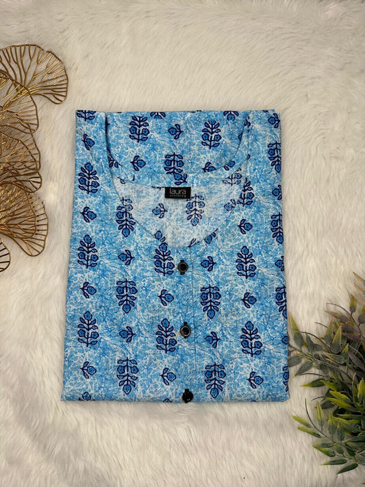 Cadet Grey and Medium Persian Blue Printed Round Neck Pure Cotton Full Open Button Labour Room Nighty Free Size Short Sleeve (Suits for bra size 34″- 40″ | 54-56 inch length)