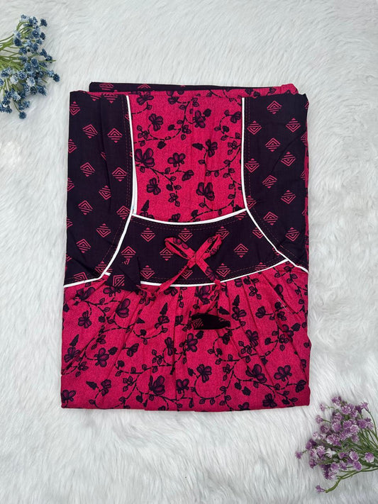 Deep Carmine Printed Front and Back Pleated Pure Cotton Nighty Free Size Short Sleeve (Suits for bra size 34″- 40″ | 54-56 inch length)