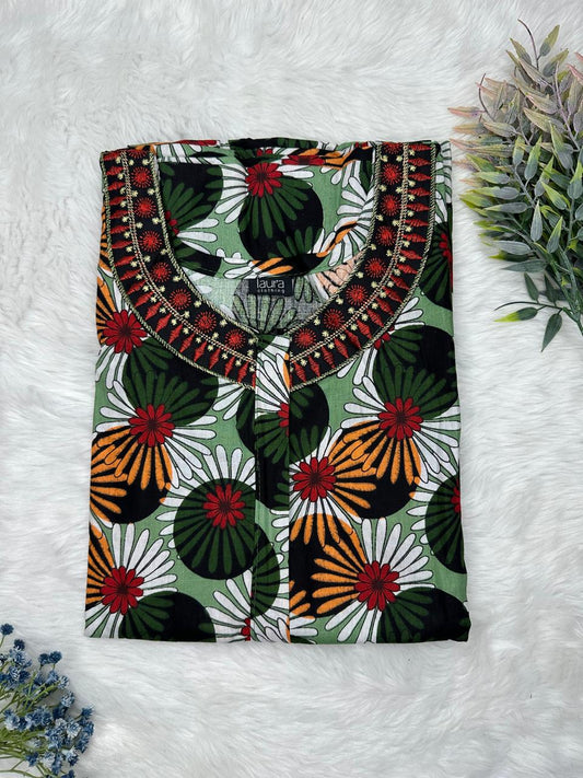 Asparagus Printed 12" Long Zip Matching Embroidery Neck Pure Cotton Feeding Nighty Plus Size Short Sleeve (Suits for bra size 40″- 46″ | 54"-56" inch length)