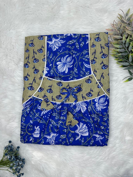 Phthalo Blue Printed Front and Pleated Pure Cotton Nighty Free Size Short Sleeve (Suits for bra size 34″- 40″ | 54-56 inch length)