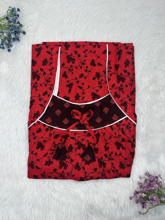 Cardinal Printed Front and Back Pleated Pure Cotton Nighty Free Size Short Sleeve (Suits for bra size 34″- 40″ | 54-56 inch length)