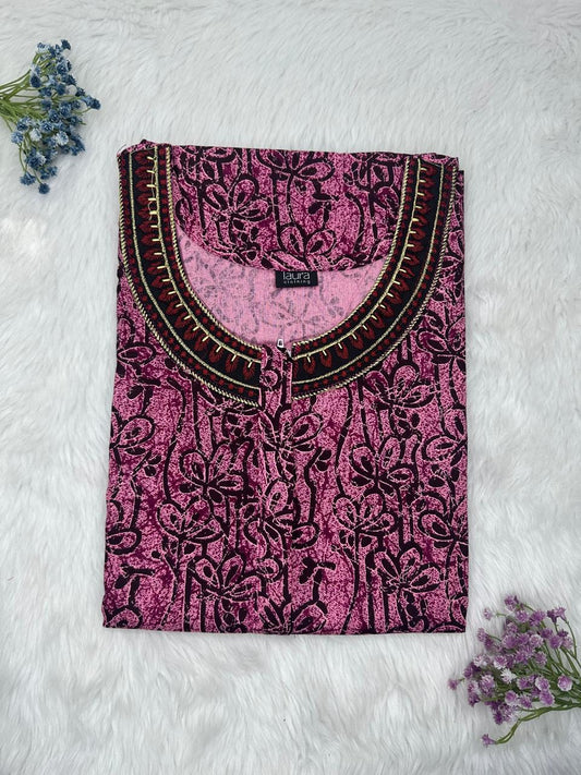 Thulian Pink Printed 12" Long Zip Matching Embroidery Neck Pure Cotton Feeding Nighty Plus Size Short Sleeve (Suits for bra size 40″- 46″ | 54"-56" inch length)