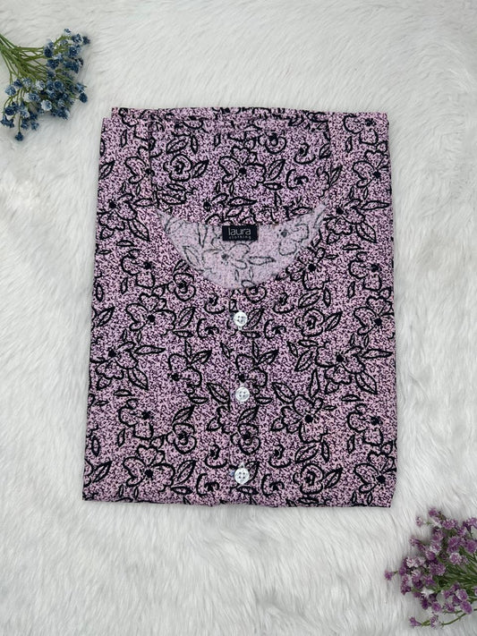Pastel Purple Printed Round Neck Pure Cotton Full Open Button Labour Room Nighty Free Size Short Sleeve (Suits for bra size 34″- 40″ | 54-56 inch length)