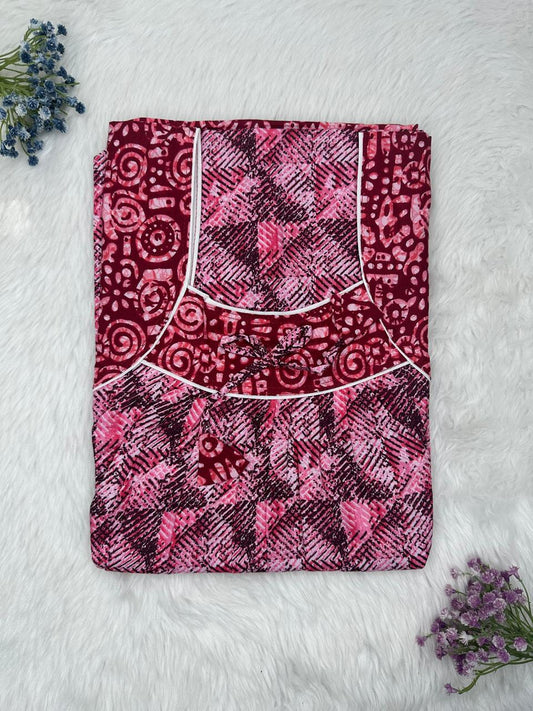 Pale Red Violet Printed Front and Back Pleated Pure Cotton Nighty Free Size Short Sleeve (Suits for bra size 34″- 40″ | 54-56 inch length)