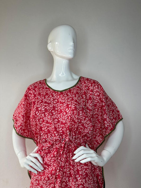 Vivid Burgundy and Pale Pink printed Pure Cotton V-Neck Kaftan With Matching Border Lace And Adjustable Tie Free Size (Suits for bra size 34″- 40″) | 54-56 Inch Length