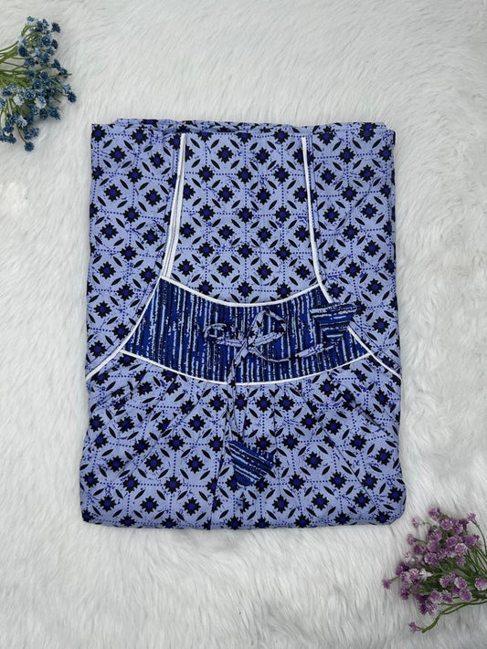 Cool Grey Printed Front and Back Pleated Pure Cotton Nighty Free Size Short Sleeve (Suits for bra size 34″- 40″ | 54-56 inch length)